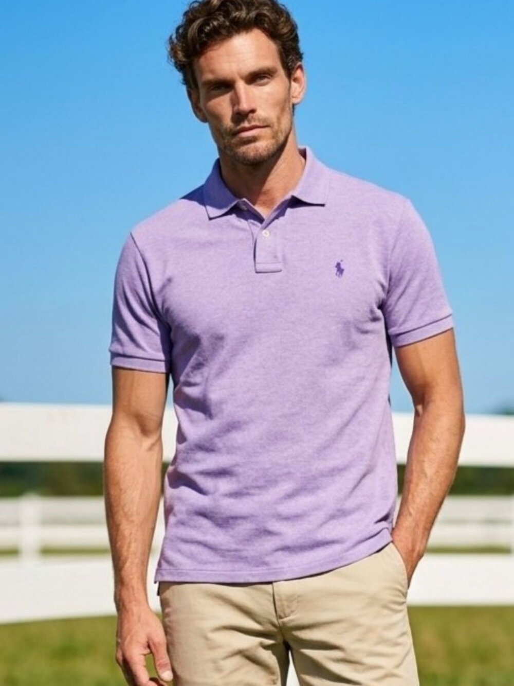 Polo Ralph Lauren Men's Polo Shirt — Lilac Knit, Short Sleeve, Size L